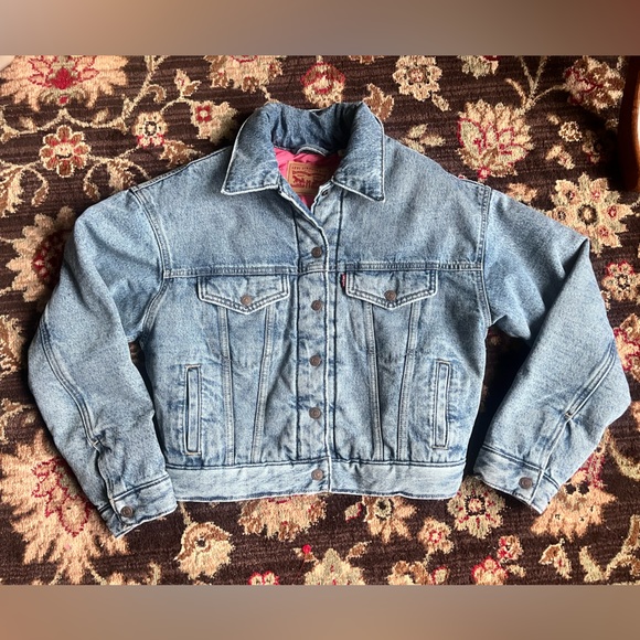 NWT Levi’s stone wash trucker denim bomber jacket w/red quilted lining • size XS - Picture 2 of 16